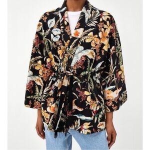 ZARA Women Black Floral Satin Kimono Cardigan SMALL/MEDIUM Whimsigoth Bohemian